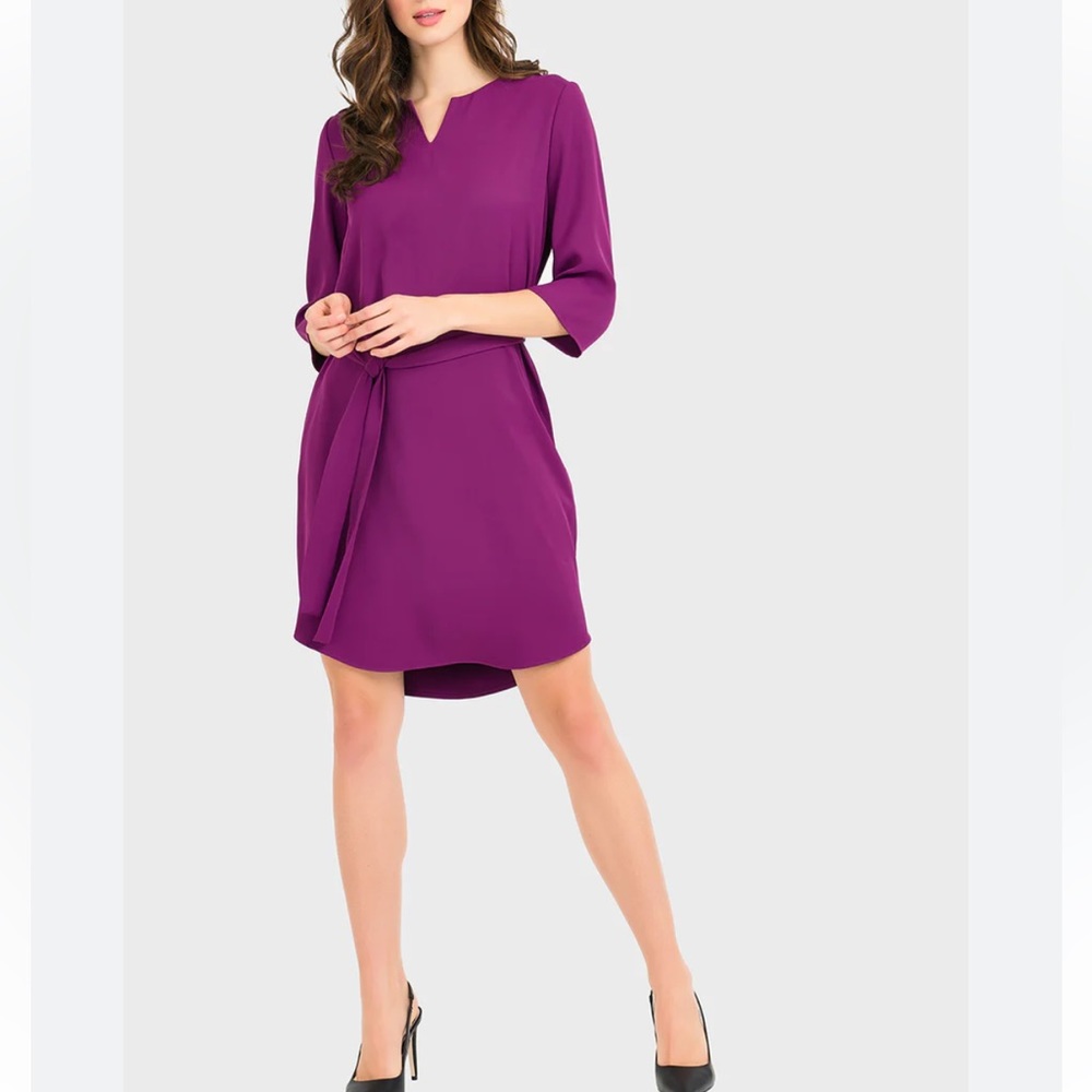 JOSEPH RIBKOFF Womens 4 Purple Notch Neck Belted 3/4 Sleeve Slip On Dress